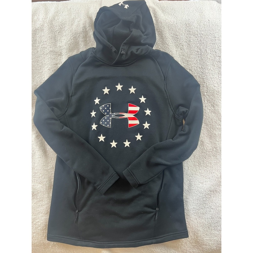 Mens Under Armour Medium Black Patriotic Hoodie Sweatshirt  Zip Pockets‎ USA